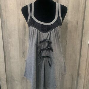 Dressfo Fashions Gray Tank Top With Lace & Satin Bow Accents Women's Size Small